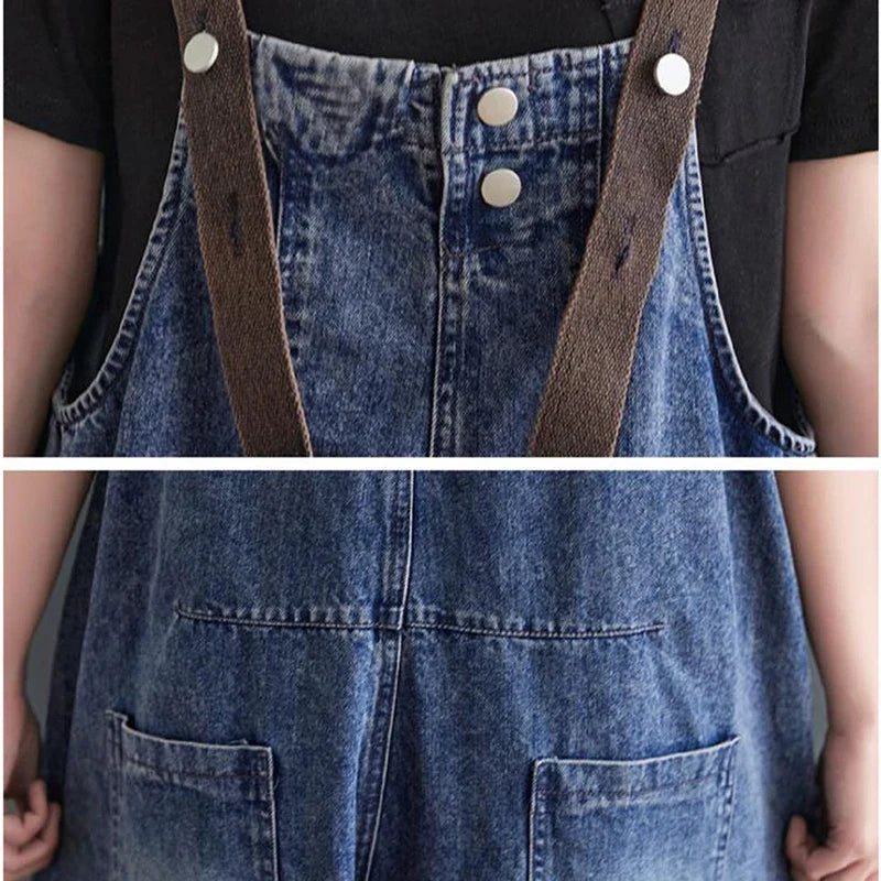 Big Vintage Pocket Suspender Jeans Trousers - Women's Casual Denim Harem Pants