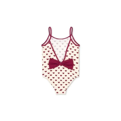 Light girls' swimsuit - stripe long-sleeve, bow accent, nylon, for summer beach days