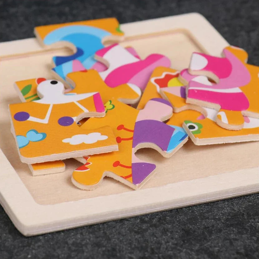 Wooden Kids Jigsaw Puzzle - Montessori Cartoon Animal Vehicle Educational Toy for Children