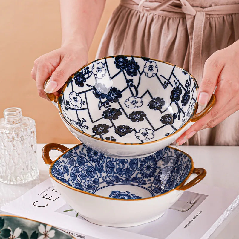 Inch 7.5 Japanese Ceramic Noodle Bowl With Handles Blue