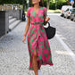 Dress Midi V-neck Short Sleeve Floral Print High Waist Summer Beach Dress Female