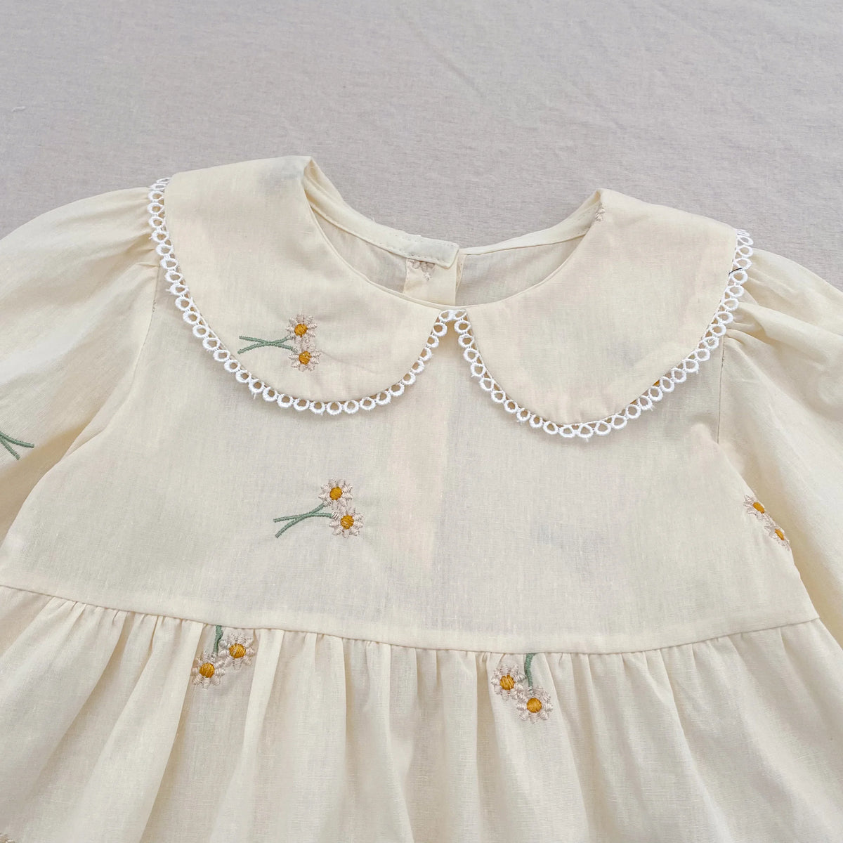Plush, classic girls' dress - embroidered floral, Peter Pan collar, puff sleeves, cotton, for spring outings