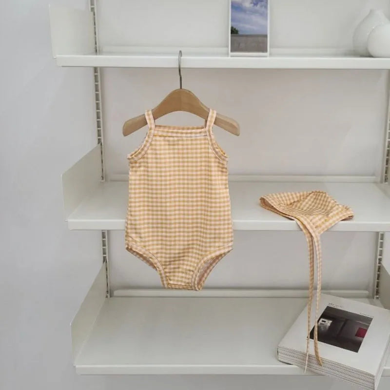Light baby girls' one-piece swimsuit - polka-dot suspender style with hat, nylon, cozy for summer beach wear
