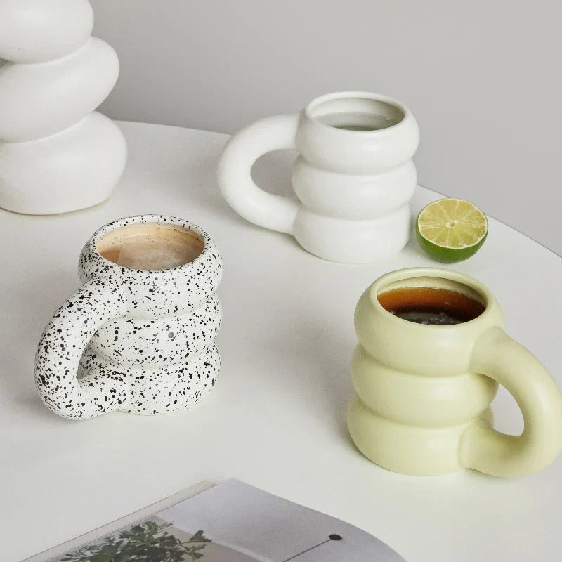 Ceramic Mug Comfort-Grip Handgrip Sculptural Scandinavian Coffee Cup Fall 2025, Oversized Handle Cozy Gift