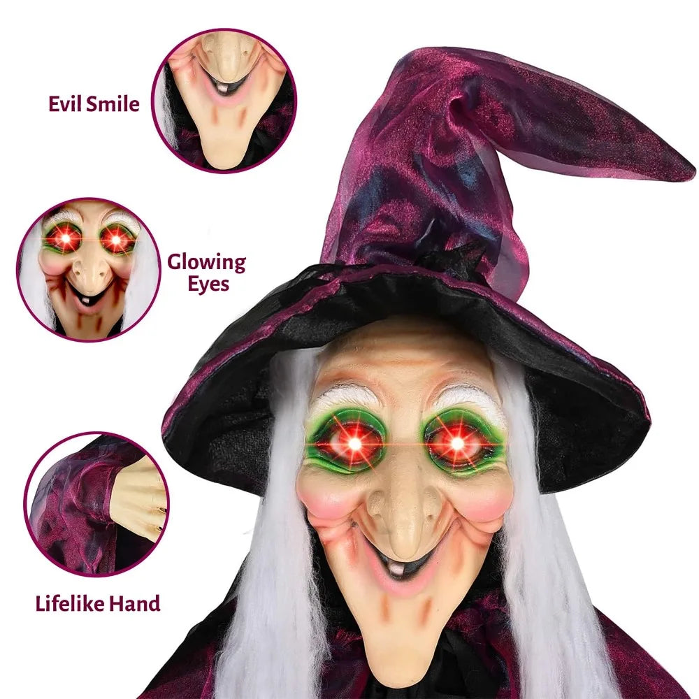 Sound-Activated Halloween Witch with Glowing Eyes and Screeching Sound for Indoor and Outdoor Decor – 6-Foot Life-Size Animated Talking Witch in Purple