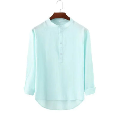 Cotton Casual Linen Shirt - Loose Tops, Long Sleeve, Henry Collar, Solid Blouse