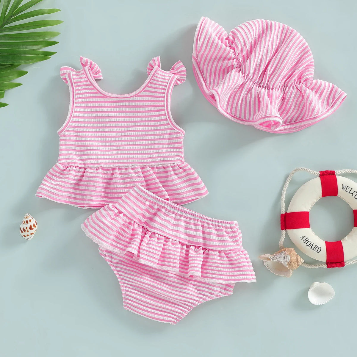 Plush Toddler Girls' Bikini Kit - Striped Tank Top With Ruffle, Matching Bottom, Hat, Polyester-Elastane, Summer Swimwear