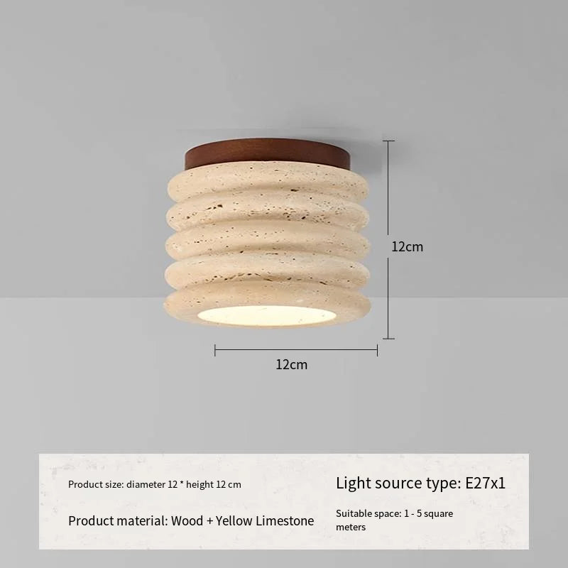 Travertine Japandi Ceiling Light Wood Cap Round Mid Century Lamp