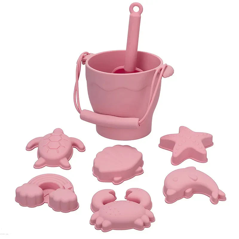 Silicone Beach Toy Kit 8Pc Bucket And Molds Kids Sand Play Summer 2025 Flexible Simple Clean Safe Gift