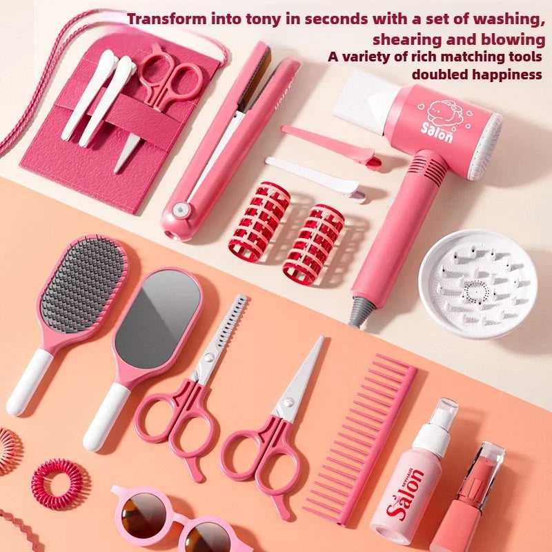 Kids Hair Salon Kit Pink Pretend Play Styling Kit With Hair Dryer And Accessories Fall 2025 Gift