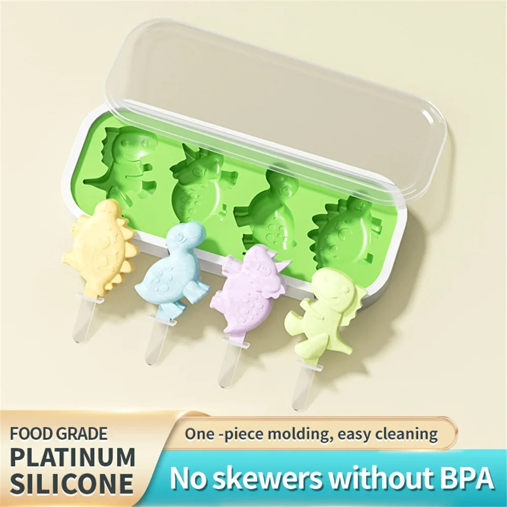 Ice Dinosaur-Shaped Cream Mold and Ice Pop Maker with Lid and Sticks, Food-Grade Silicone, Non-Stick, Temperature Resistant