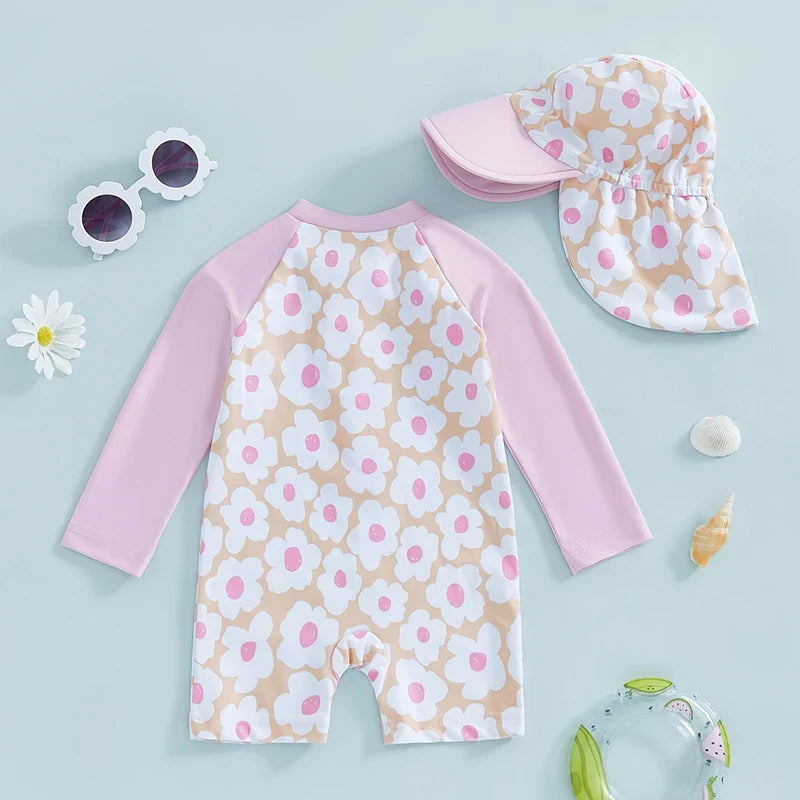 Light Sturdy Toddler Girl Rash Guard Swimsuit - Long Sleeve Floral Flamingo Print, Polyester Elastane, Beachwear