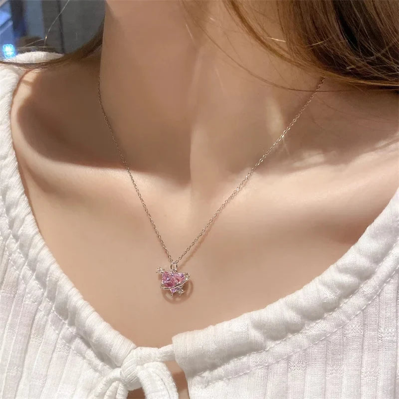 Pendant Zircon Necklace Pink Planet Heart Valentines Day Gift 2026 Aesthetic Jewelry