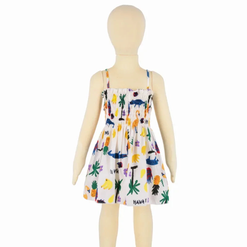 Plush girls' floral sundress - smocked bodice, polyester, for casual beach party