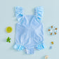 Baby Breathable Girls Swim Romper - Striped Print, Flutter Sleeves, Polyester-Elastane Blend, For Pool and Beach