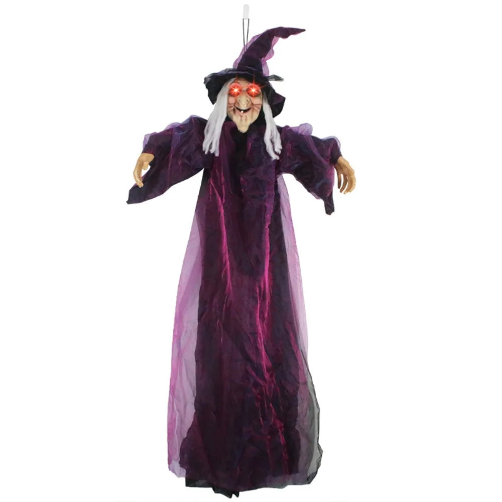 Sound-Activated Halloween Witch with Glowing Eyes and Screeching Sound for Indoor and Outdoor Decor – 6-Foot Life-Size Animated Talking Witch in Purple