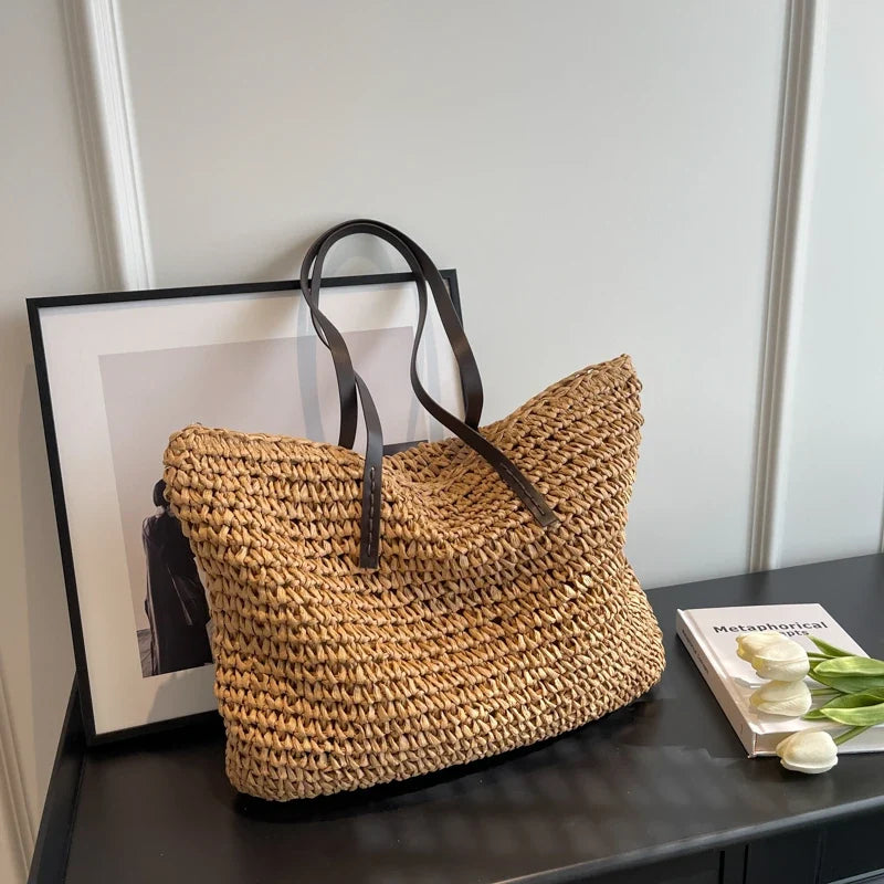 Straw Tote Bag Woven Beach Shoulder Bag Summer 2026 Large Capacity Carryall For Travel And Regular Use