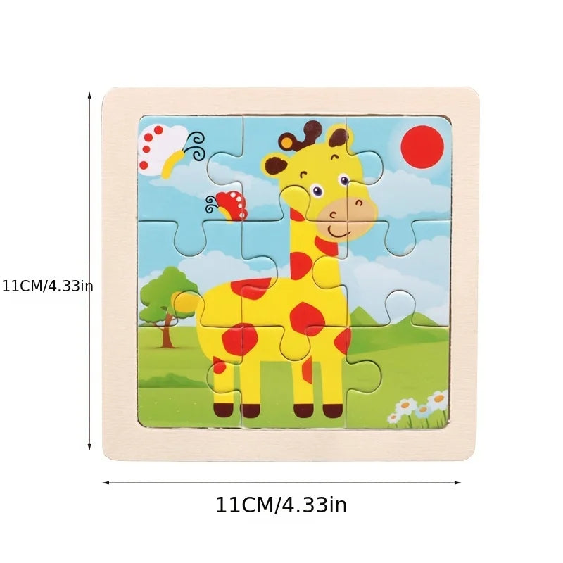 Wooden Kids Jigsaw Puzzle - Montessori Cartoon Animal Vehicle Educational Toy for Children
