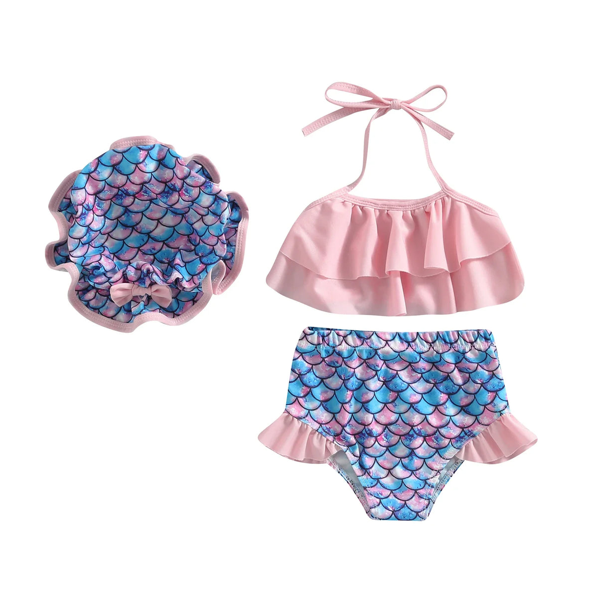 Plush girls' bikini swimsuit - halter-neck ruffle crop top, mermaid scale print, shorts, polyester, for summer vacation