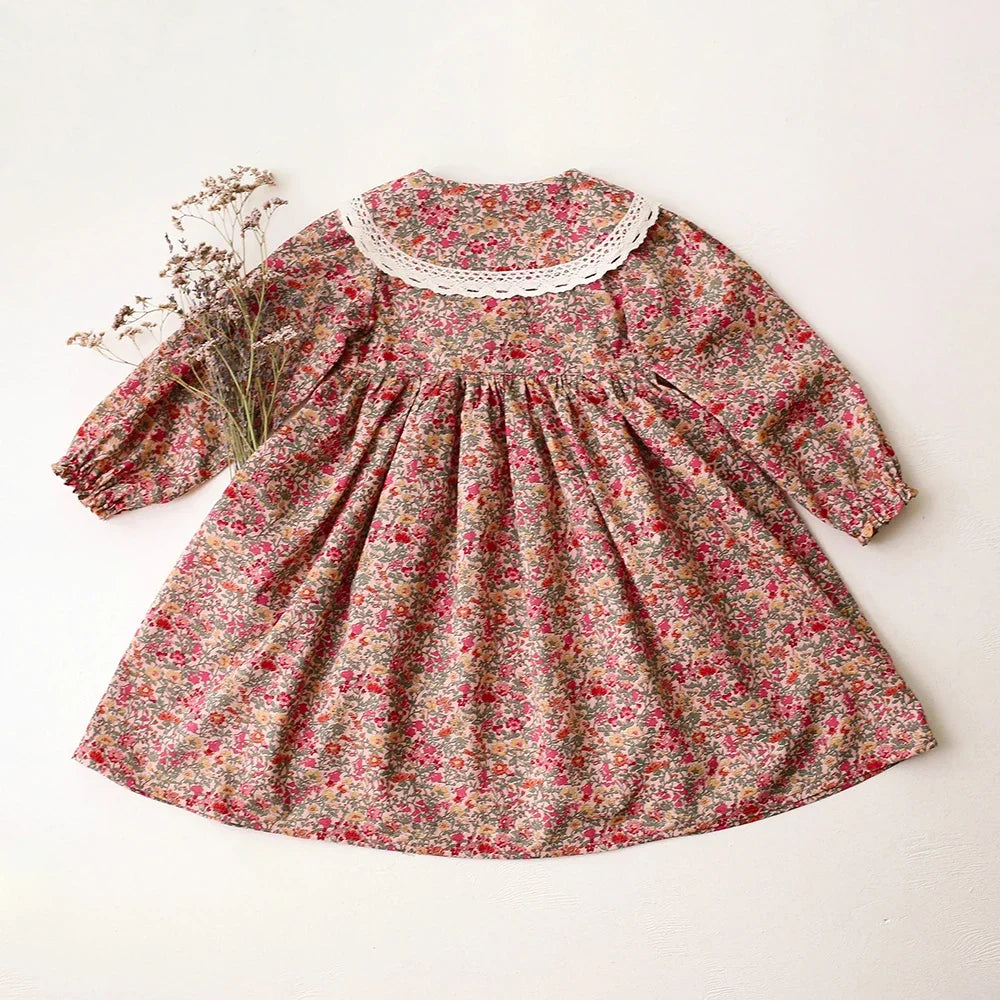 floral long-sleeve knee-length, cotton, for special occasions – Plush classic girls' dress