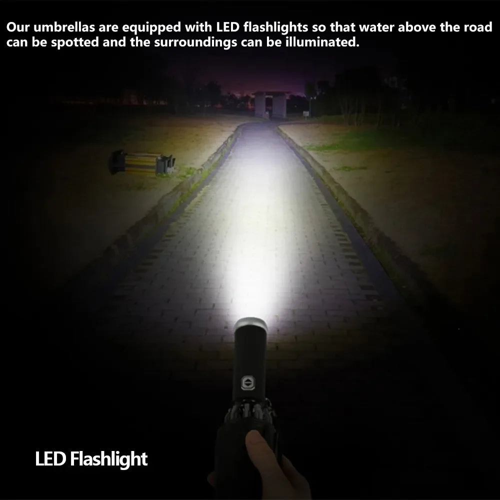 Fully Automatic Folding Water-Resistant Umbrella with LED Flashlight and UV Sunshade for Rain and Wind Resistance