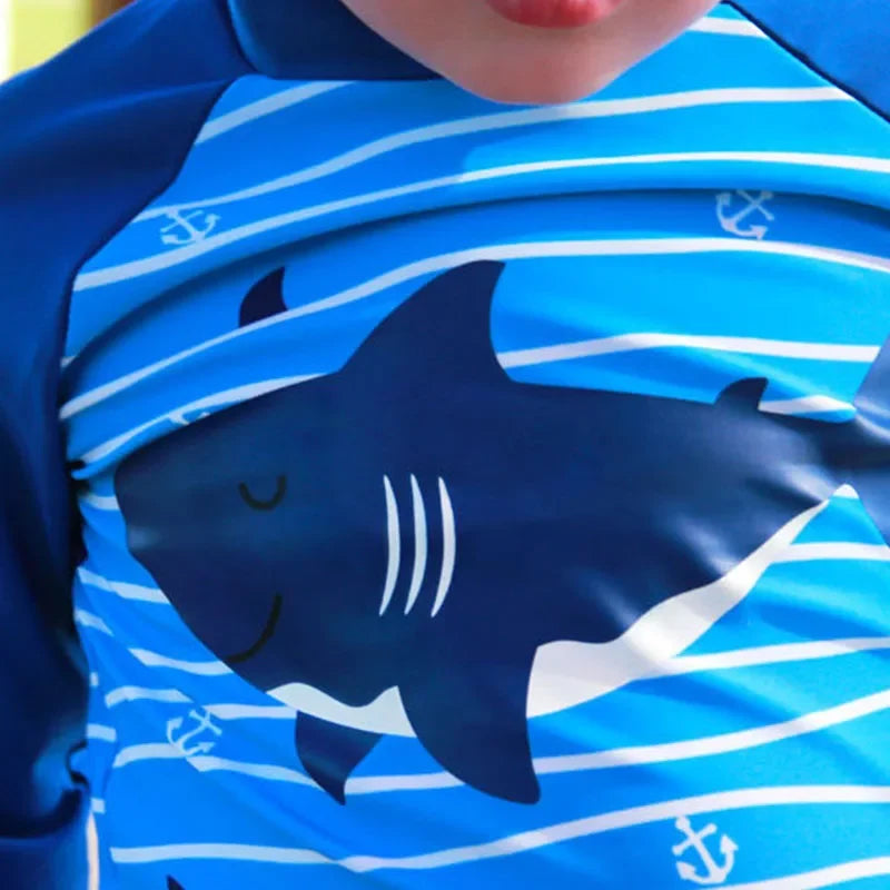 Fast-dry unisex kids' swimsuit set - long-sleeve top and shorts, polyester, for summer swimming