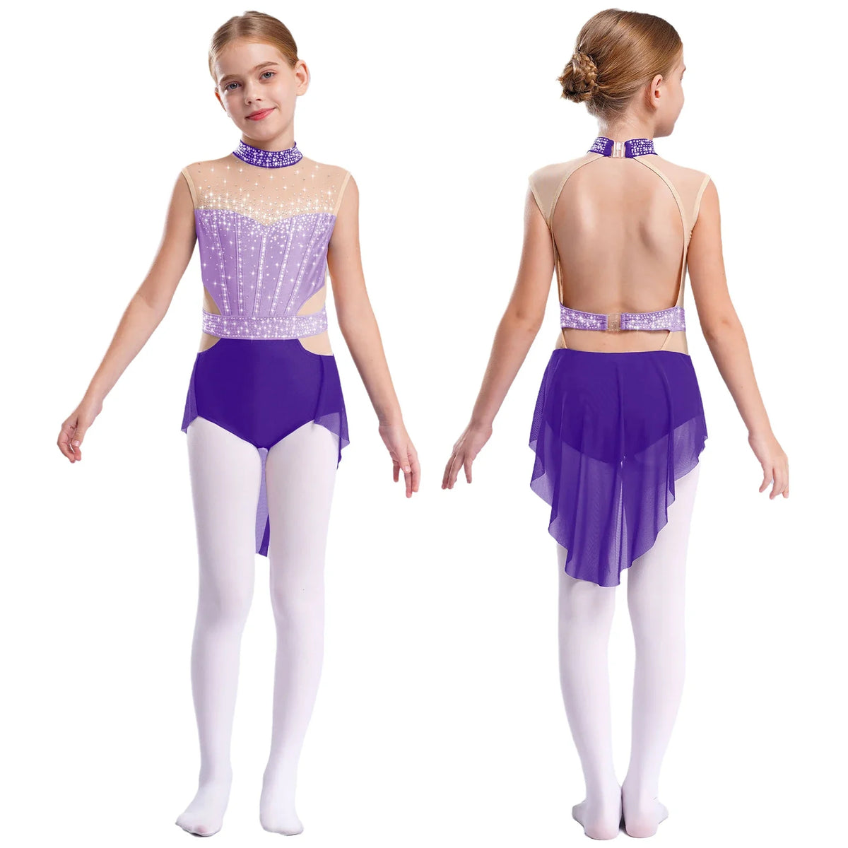 girls' Stretchy leotard - rhinestone mesh yoke, sleeveless, polyester, nylon, elastane, for lyrical dance performance