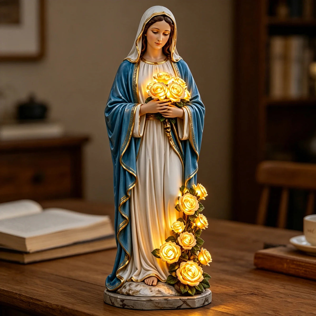 Mary Virgin Statue 7.87 Inch Outdoor Resin Garden Decor With Lighting Roses Religious Figurine Mother's Day Gift