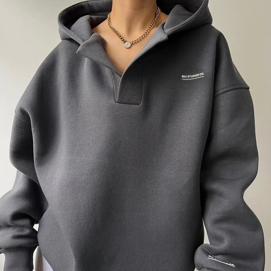 Cozy Oversized Women's Hoodie - Boxy V Notch, Fleece