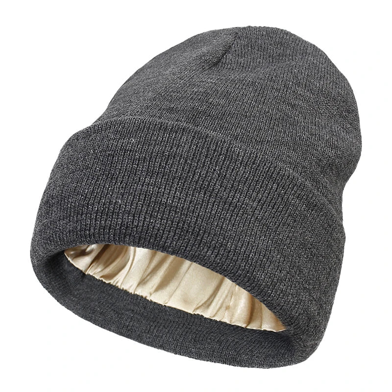 Winter Knit Beanies Womens Satin Lined Beanie Cap - Thick Chunky Plush Skull Hat for Winter