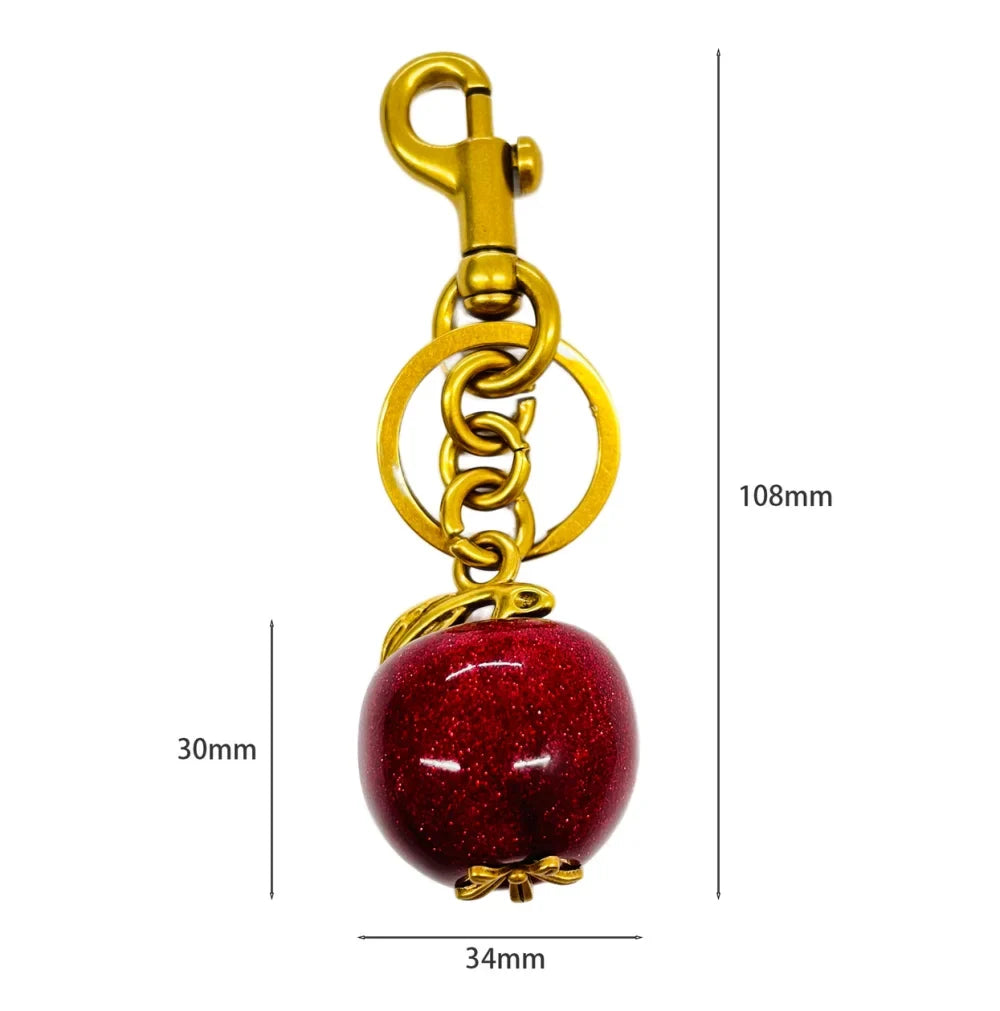 Cherry Red Keychain Bag Charm With Gold Leaf Lobster Clasp