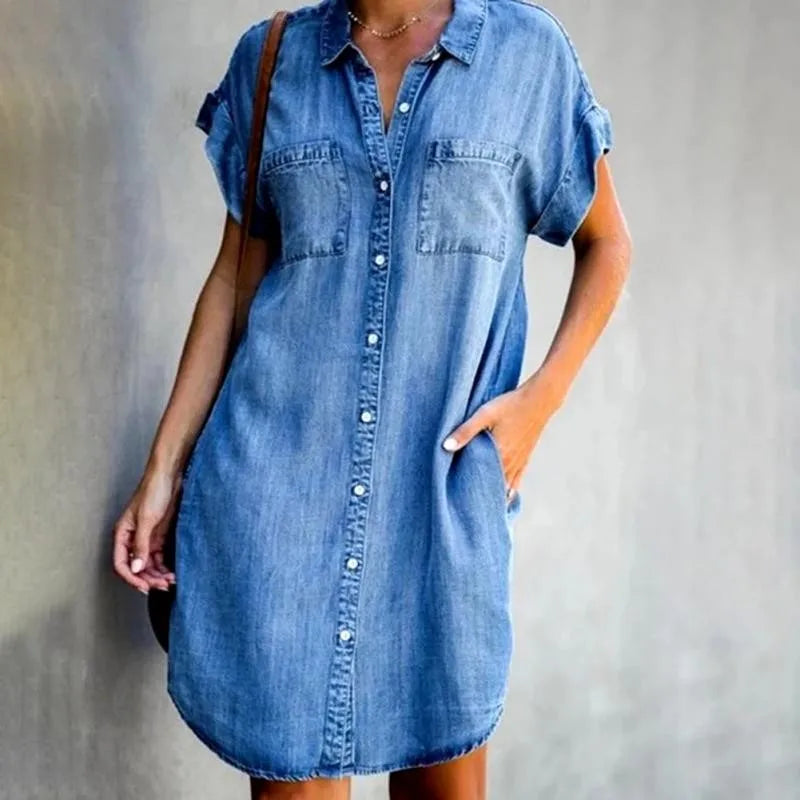 Summer Women's Denim Shirt Dress - Casual Loose Pocket Retro Commuter Office Style
