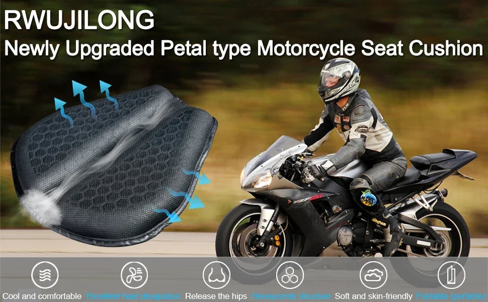 Gel Motorcycle Seat Cushion 3D Honeycomb Pressure Relief Anti-Slip Pad Long Ride Comfort
