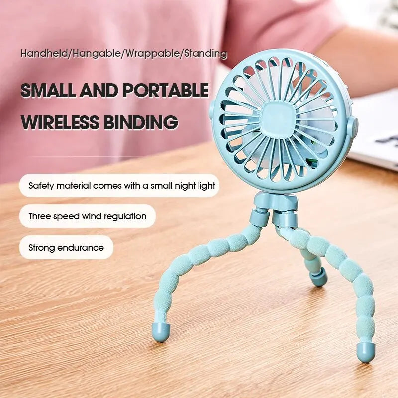 Travel-Friendly Oscillating Pram Fan Mini Hand-Held Baby Fan USB Operated Clip-on Flexible Tripod for Car Seat Use
