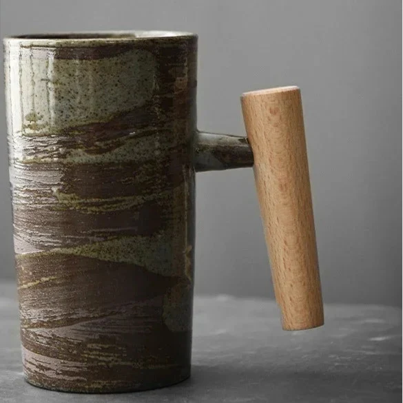 Style Japanese Stoneware Coffee Cup - Handmade Mug with Wooden Handle for Couples