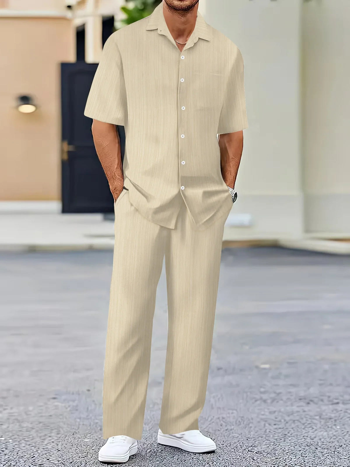 Variant image for Lightweight Linen Shirt and Pants Set, Vertical Striped Design, Relaxed Fit for Casual and Semi-Formal Wear-25