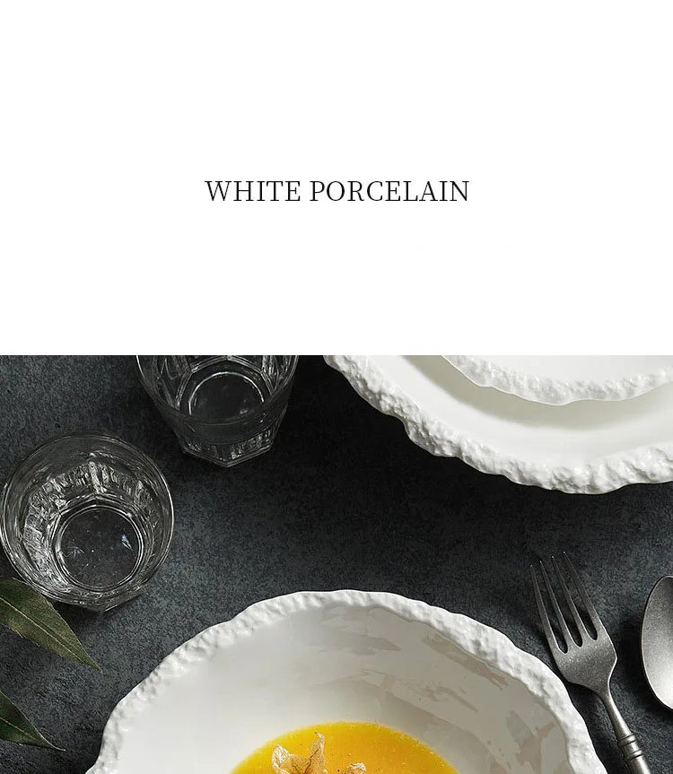White Porcelain Rock Edge Soup Bowl Contemporary Tableware