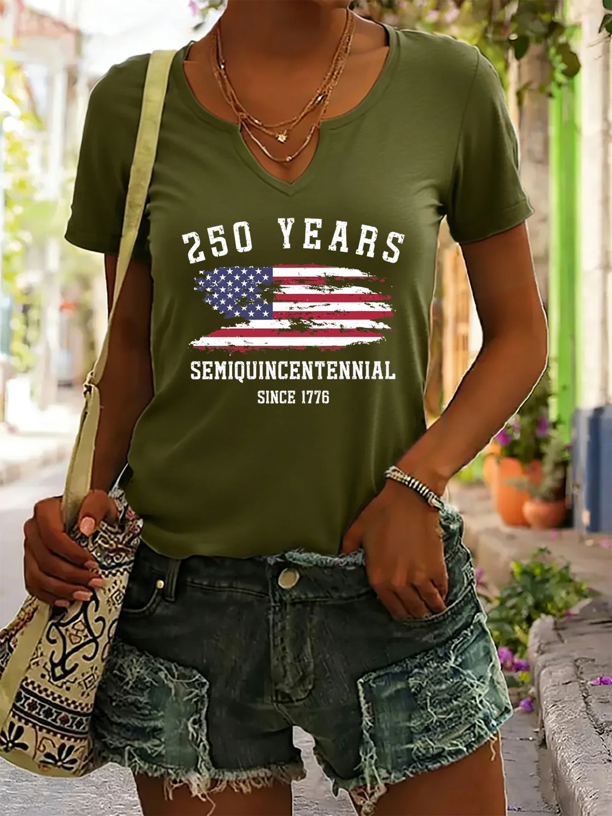 Plush Women's V-Neck T-Shirt - Short Sleeve, Patriotic Semiquincentennial Flag Print, Casual Top