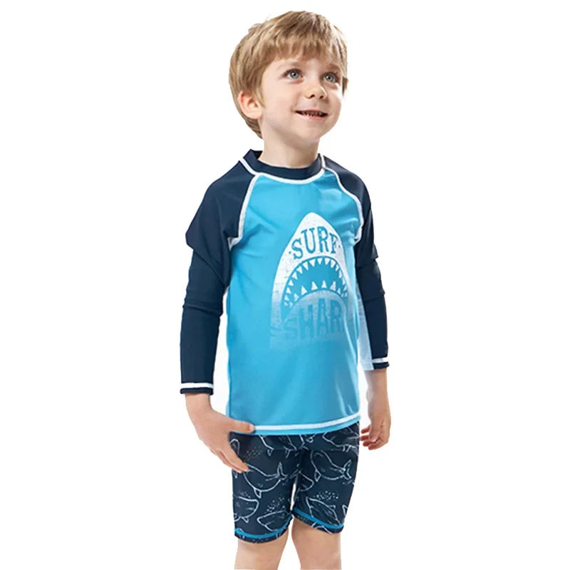 Fast-dry unisex kids' swimsuit set - long-sleeve top and shorts, polyester, for summer swimming