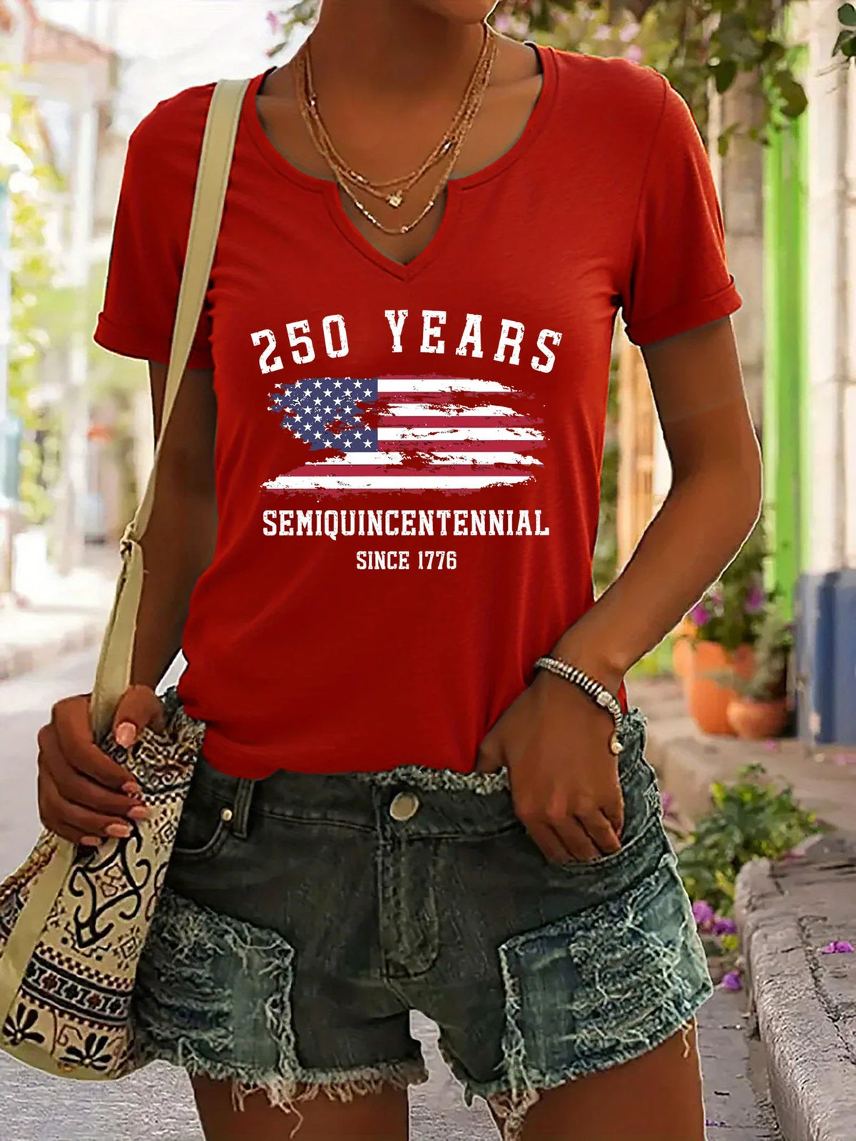 Plush Women's V-Neck T-Shirt - Short Sleeve, Patriotic Semiquincentennial Flag Print, Casual Top