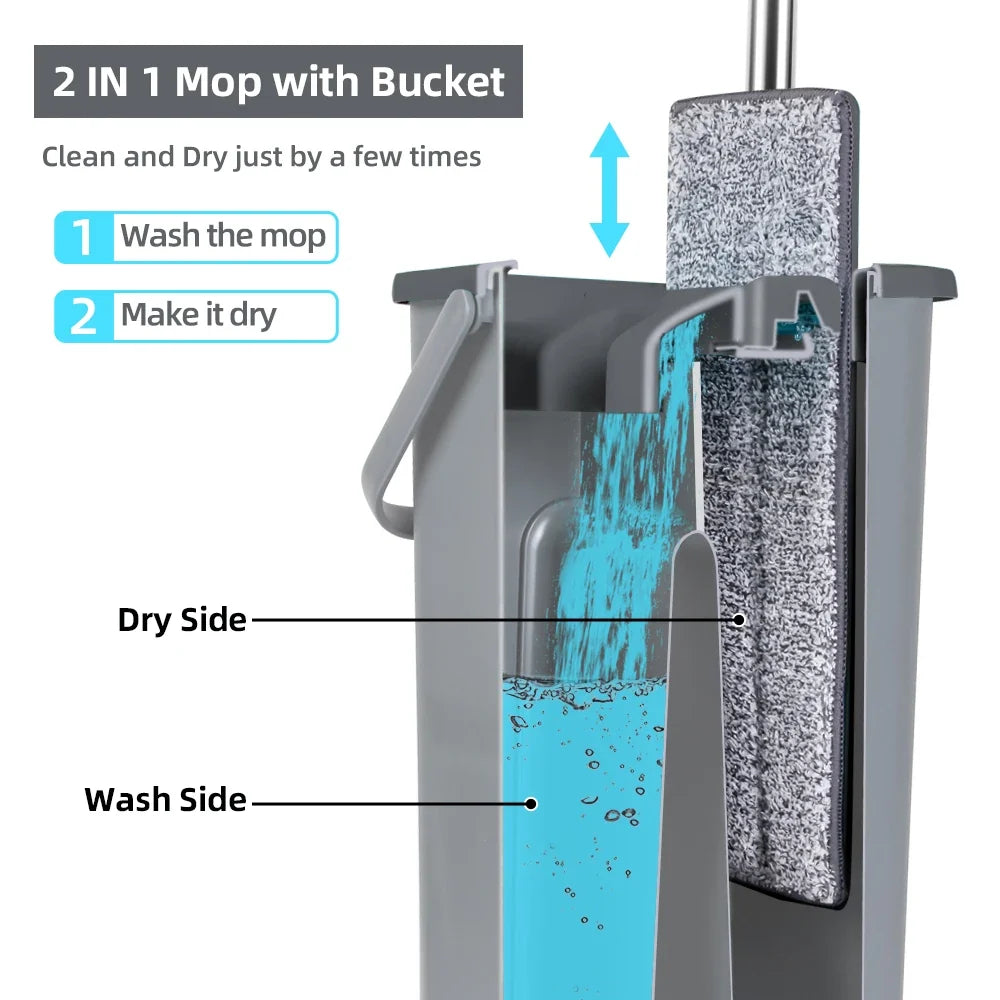 Household Cleaning Hand-Free Flat Floor Mop & Bucket Kit with Washable Microfiber 4x Pads