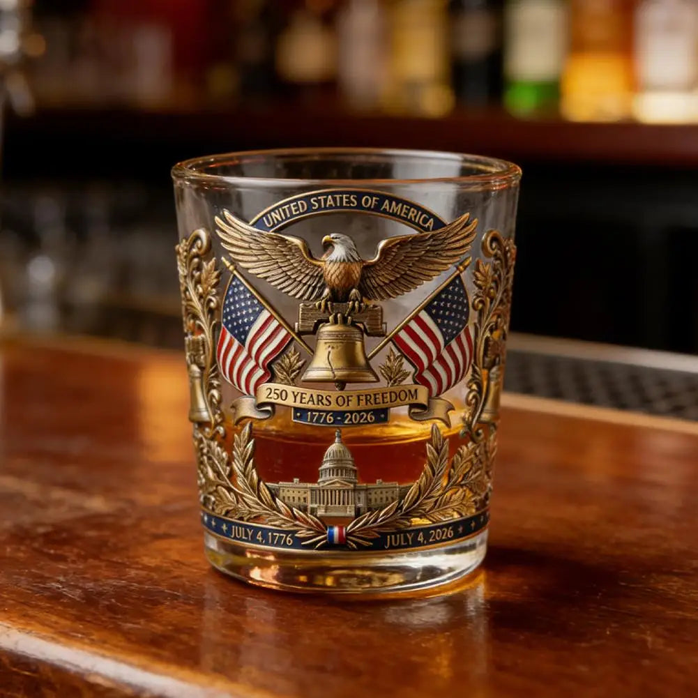 Whiskey Patriotic Glass Hand Blown Eagle Glassware USA 250th Anniversary Rotating Cup Gift Idea
