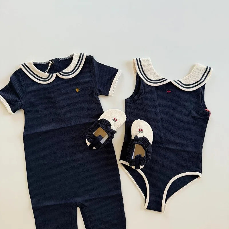 Plush Unisex Baby Swimwear Kit - Timeless Sailor-Style One-Piece, Top, Skirt, and Romper, Nylon, Summer Beach Days