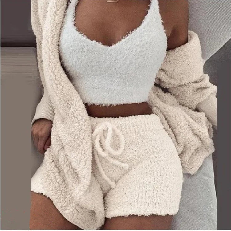 Fluffy Pajamas Kit for Women Plus Size Tank Top Shorts Winter Sleepwear
