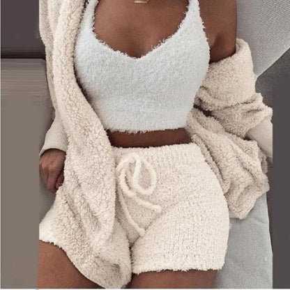 Fluffy Pajamas Kit for Women Plus Size Tank Top Shorts Winter Sleepwear
