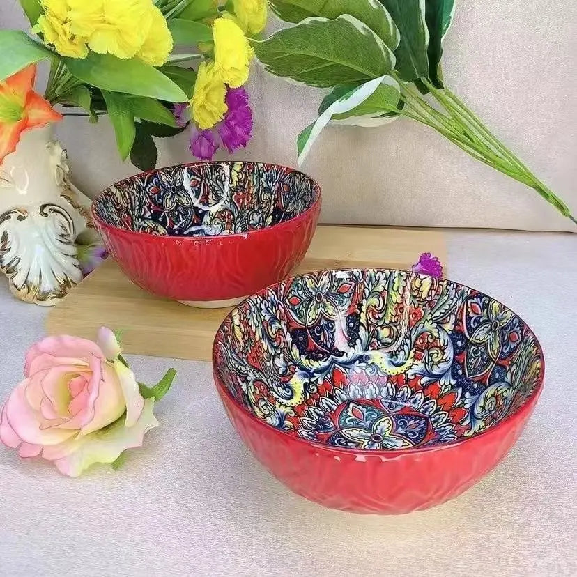 Bohemian Ceramic Bowls Kit Floral Serving Bowls Multi-Use