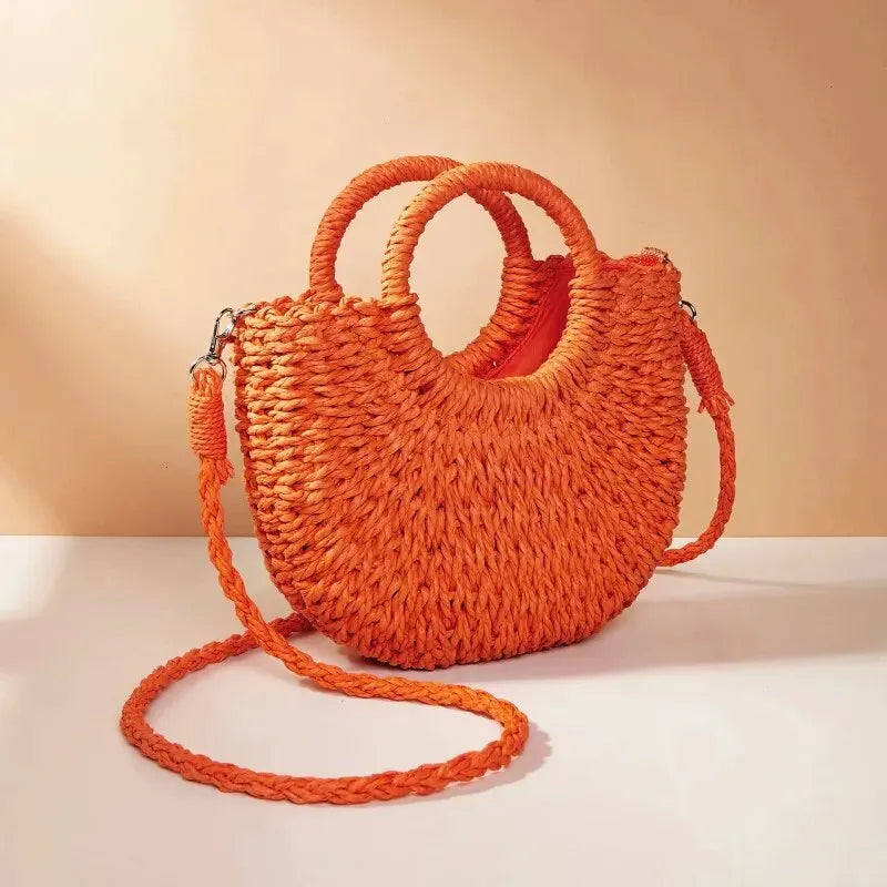 Straw Bag Organic Handwoven Half Moon Beach Tote Crossbody Bag Large Capacity Summer 2026 Vacation Accessory
