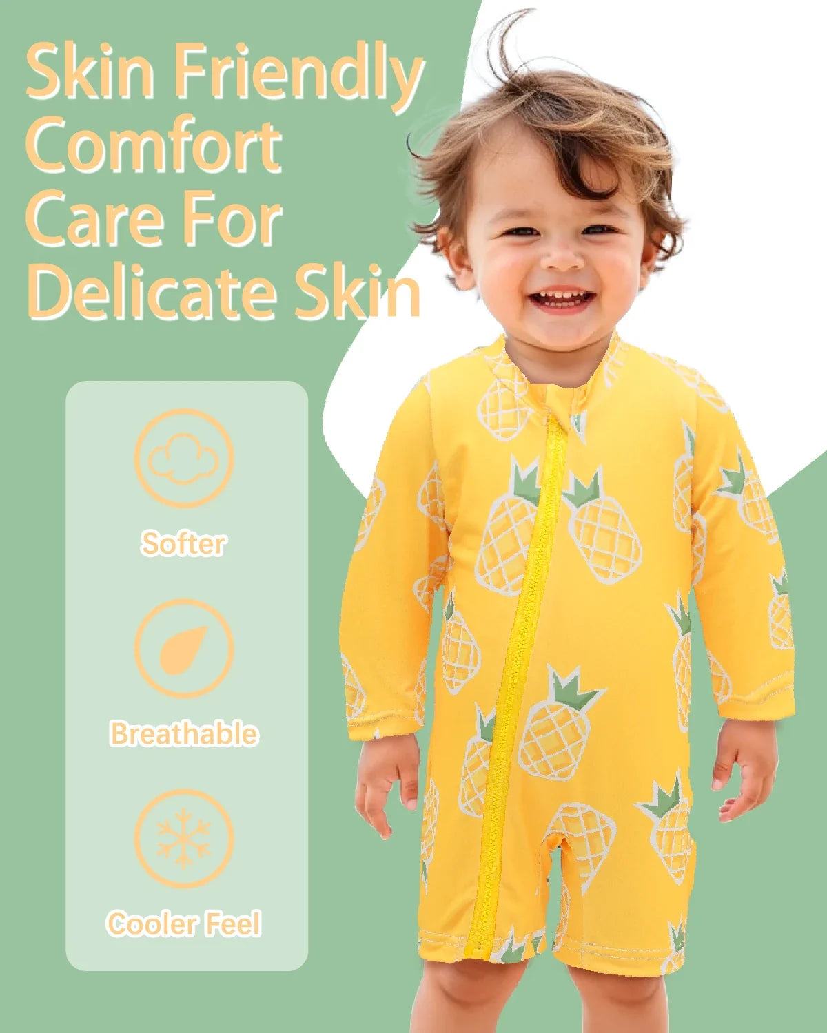unisex Breathable long-sleeve rash guard - one-piece swimsuit, UPF 50+, pineapple print, for babies and toddlers