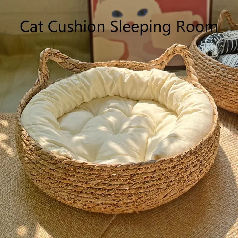 Cat Bed Organic Woven Nest With Seasonal Heating Pad And Washable Insert, Fall 2025 Cozy All Season Retreat