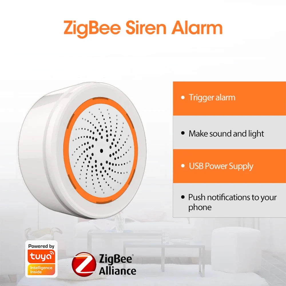 Tuya Zigbee Smart Siren Alarm with Strobe Alerts USB Power Supply for Household Security